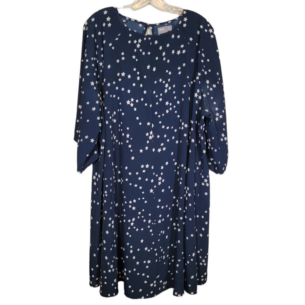 asos Women's Knee Length Dress Round Neck 3/4 Sleeves Star Print Blue Size 20